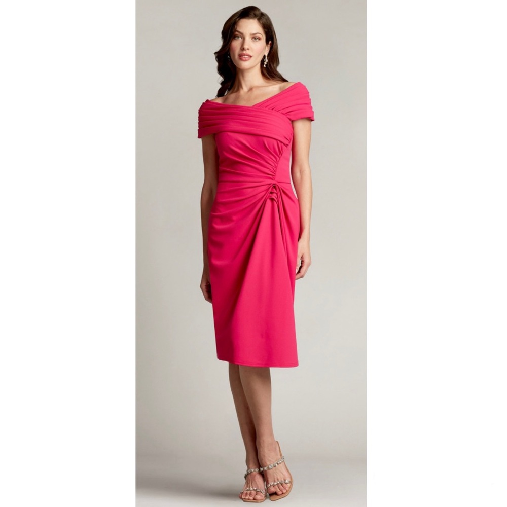 Tadashi Shoji Marion Draped Crepe Dress Sz XL French Rose Pink Off The Shoulder